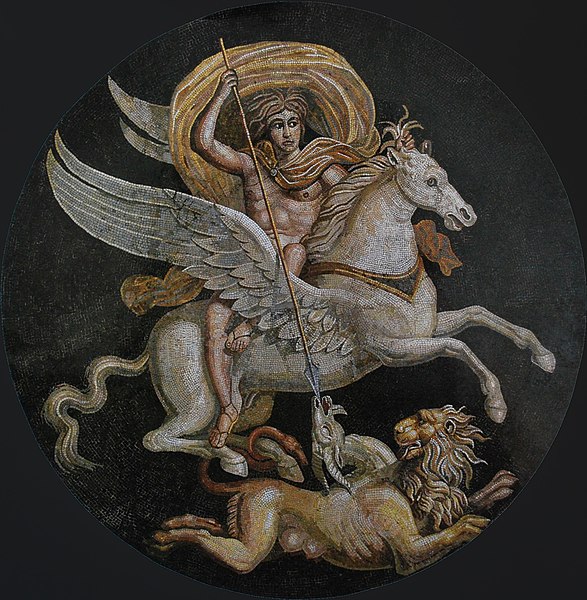 Bellerophon riding Pegasus and slaying the Chimera, central medallion of a Gallo-Roman mosaic from Autun, Musée Rolin, 2nd to 3rd century AD.