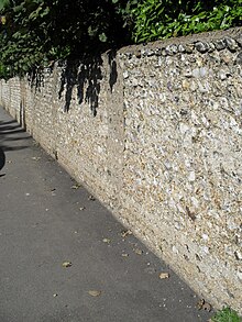Coursed flint walls surround the Engineerium. British Engineerium (Walls Surrounding the Complex), The Droveway, Hove (IoE Code 365681).jpg