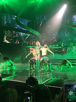 Celebrities such as Britney Spears have popularized the concept of wearing underwear as outerwear. Britney Spears 'Piece of Me' - Las Vegas IMG 6668 (27479839046).jpg