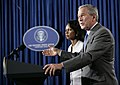 President George W. Bush is joined by Secretary of State Condoleezza Rice as he delivers a statement Monday, Aug. 7, 2006, on the Middle East crisis during a news conference in Crawford, Texas.