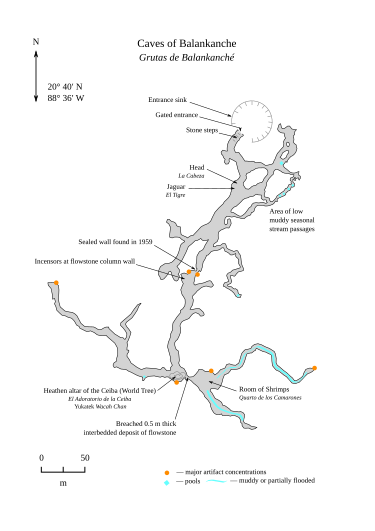 Plan of the Balankanche caves Caves of Balakanche 2D map en.svg