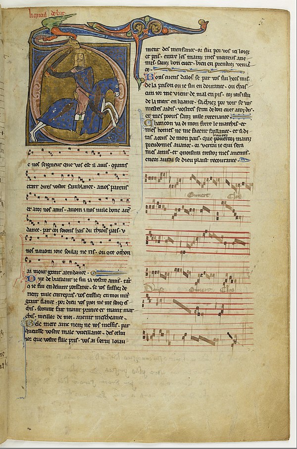 Trouvère song in the 13th century Chansonnier du Roi, BnF fr. 844, fol. 5r. The trouvère depicted is Count Theobald II of Bar.