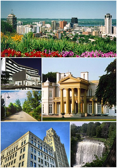 Counter Clockwise from the Top: View of Downtown Hamilton from Sam Lawrence Park, Hamilton City Hall, Bayfront Park Harbour Front Trail, Historic Art Deco and Gothic Revival Pigott Building complex, ویبسٹر آبشار, Dundurn Castle