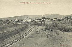 C:_]] _ (da) - (ph:Delcampe.net / L. Gérard, ca.1900-1902) ca. 1903 - Photograph showing the workshop and other railway installations under construction at Dire Dawa. The Djibouti-Dire Dawa section of the projected Djibouti-Addis Ababa railway was completed in December 1902. Contemporary postcard