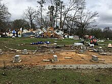 A mobile home destroyed by a high-end EF2 tornado near Kirby, Arkansas, with two minor injuries EF2 damage Kirby, AR March 2023.jpg