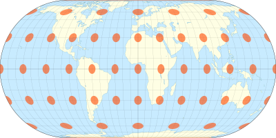 Eckert IV projection with Tissot's indicatrices of distortion. Eckert IV with Tissot's Indicatrices of Distortion.svg