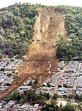 One of the landslides caused by the January 2001 earthquake in El Salvador; About 585 of the deaths are caused by landslides in Santa Tecla and Comasagua. ElSalvadorslide.jpg