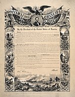 The Emancipation Proclamation of September 22, 1862, freed all slaves in rebel States, but left slavery in Maryland unaffected. Emancipation Proclamation - LOC 04067 - restoration1.jpg