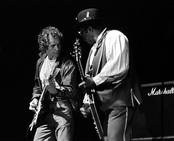 Eric Bell and Bo Diddley performing with Mainsqueeze in Novi Sad, former Yugoslavia, 27 February 1984.