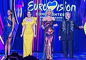 Alesha Dixon (left) hosting Eurovision 2023 alongside Sanina, Waddingham and Norton. Eurovision 2023 - Jury Final - Hosts (02).jpg