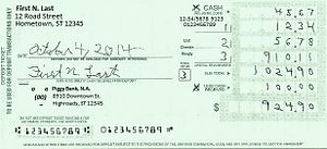 A rectangular form on which the depositor enters amount of currency and check amounts being deposited and also amount of cash back from the check or checks.
