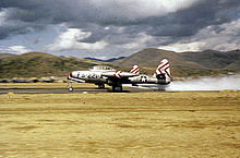 49th FBW Republic F-84E-25-RE Thunderjets taking off in Korea. s/n 51-221 in foreground. F-84-korea.jpg