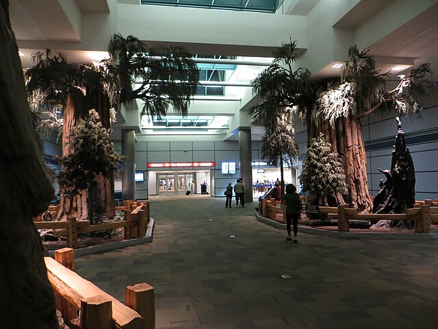 "Sequoiascape," a public art display inside the terminal that depicts a sequoia forest