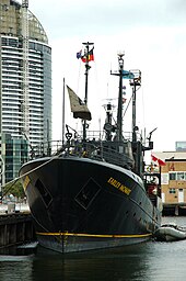 The RV Farley Mowat in Melbourne, Australia. It was permanently seized by the Government of Canada for illegal interference in the seal hunt. Farley Mowat at Docklands, Melbourne, Australia.jpg