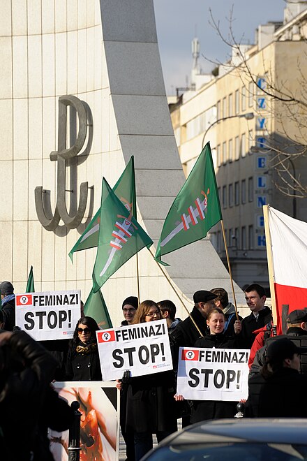 A group of Polish activists protest an International Women's Day march in Warsaw, Poland, 2010
