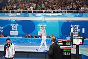 Deutsch: Fechten bei den Olympischen Jugend-Sommerspielen 2018: Tag 1, 7. Oktober 2018, Jungen, Säbel, Finale - Krisztián Rabb (HUN) - Hyun Jun (KOR) (USA) 15:13 English: Fencing at the 2018 Summer Youth Olympics at 7 October 2018 – Boys' sabre Gold medal match – Krisztián Rabb (HUN) Vs Hyun Jun (KOR) (USA) 15:13