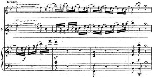 An example of a coloratura passage from a soprano role. It includes a more difficult variant (top stave) with a leap to a high D (D6). Final cadenza from the Valse in Ophelie's Mad Scene (Act IV) from the opera Hamlet (1868) by Ambroise Thomas (piano-vocal score, p. 292). Final cadenza Valse Mad Scene Hamlet (piano-vocal score p292).jpg