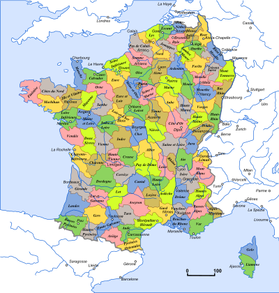 La partie européenne du territoire de la Première République découpé en départements.