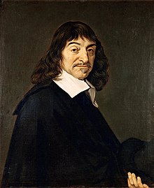 Portrait de René Descartes à mi-corps vêtu de noir, sur fond sombre