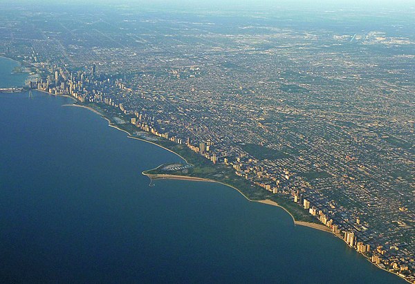 Aerial view of the seven-mile-long Lincoln Park shoreline