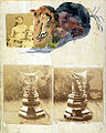 Foli 30 verso: Família tahitiana (foto), espectres (aquarel·la) i escultura d'un ídol (fotos)