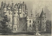 Dibujo en blanco y negro de un castillo con muchas torres.