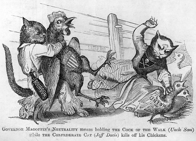 1861 political cartoon: "Governor Magoffin's neutrality means holding the cock of the walk (Uncle Sam) while the confederate cat (Jeff Davis) kills of