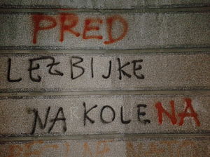 A graffiti in Kranj that originally read Lezbijke na kole ("[Impale] lesbians on stakes" in Slovene), later modified to Pred lezbijke na kolena ("Kneel before the lesbians") Graffiti Kranj 01.jpg