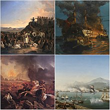 Clockwise: The camp of Georgios Karaiskakis at Phaliro, the burning of an Ottoman frigate by a Greek fire ship, the Battle of Navarino and Ibrahim Pasha of Egypt at the Third Siege of Missolonghi Greek revolution collage.jpg