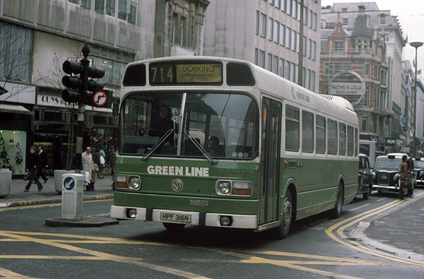 Green Line Leyland National on Oxford Street, London in July 1976