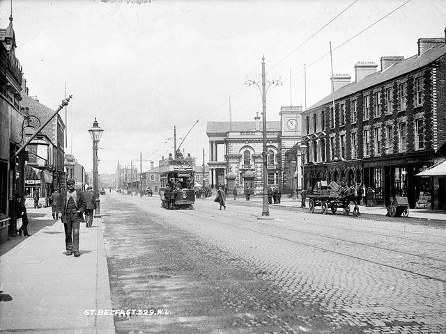 Circa 1907 with an electric tram run by Belfast Corporation Tramways outside York Road station.