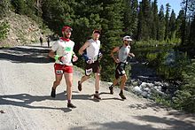 Trois coureurs portant des dossards, sur un large chemin, en pleine nature.