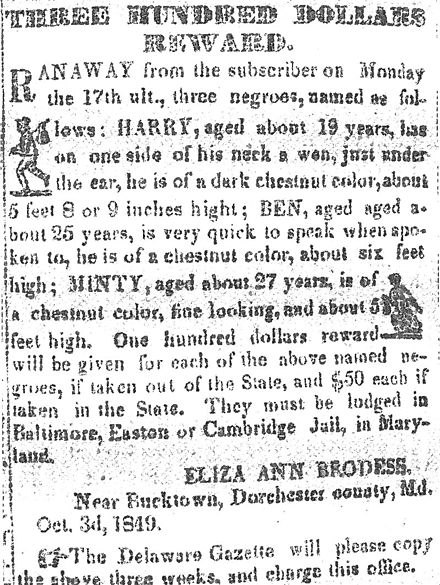 Notice offering a reward of US$100 (equivalent to $3,520 in 2022)[44] for the capture and return of "Minty" (Harriet Tubman) and her brothers Henry and Ben