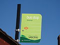 The bus stop flag at the White Hart, Havenstreet, Isle of Wight in October 2011. In this direction, the stop is only served by Southern Vectis buses on route 33. However, the other side of the road is also served by circular service 34. As this route only operates in one direction, it only serves bus stops on the other side of the road.