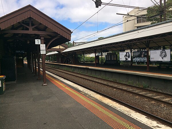 Westbound view from Platform 1 with platform shelters on platforms 1 & 2, January 2021