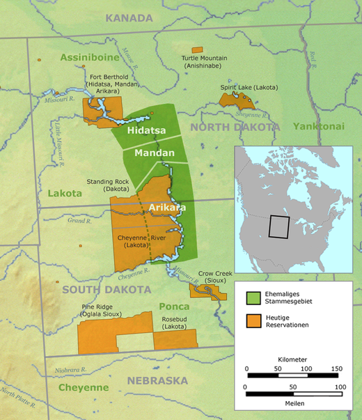 Het gebied van de Arikara en hun buurvolken ten tijde van het eerste contact met blanken.
