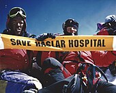 Gosport-born former Gurkha officer Mike Trueman "protesting" on the summit of Mount Everest, 13 May 1999. Highest Protest in the World 13th May 1999.jpg