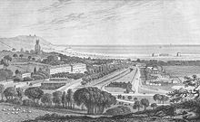 View of Hythe ca. 1830, showing the military canal and four Martello towers near the shoreline. Source: Ireland's History of Kent. Hythe1830.jpg