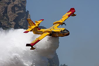 Obojživelný hasící letoun Canadair CL-415 vypouští 6 140 litrů vody na zuřící lesní požár (30. týden)[pozn. 13]