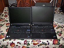 An IBM ThinkPad R60 from 2006 (right) next to a T60 also from 2006 IBM Thinkpads.jpg