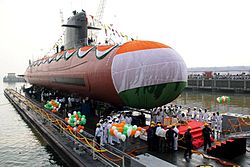 The launch of the maiden unit, the Kalvari, in 2015. INS Kalvari sent to the dock for setting afloat to Naval Dockyard (Mumbai).JPG