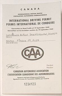 Front Cover of a Canadian International Driving Permit issued by the Canadian Automobile Association on March 29th 2023 in Prince Albert, Saskatchewan International Driving Permit (Canada).jpg