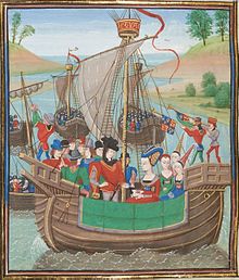 Isabella of France (middle) departs with her fleet and Roger Mortimer to England Isabela navrat Anglie.jpg