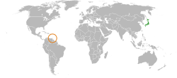 Карта, показваща местоположенията на Япония и Тринидад и Тобаго