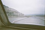 Jasper Lake as seen from the train--VIA Rail's Canadian--as the train crosses a causeway.