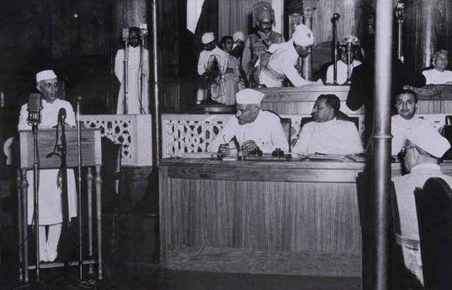 Jawaharlal Nehru delivering his speech, Tryst with Destiny, on the eve of India's first independence day.