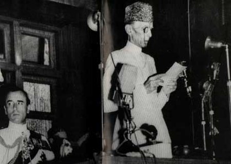 Muhammad Ali Jinnah replying to the Address by Lord Mountbatten in Constituent Assembly on 14 August 1947.