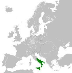 Molempain Sisiliain kuningaskunnan sijainti Euroopassa vuonna 1839.