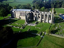 Bolton Abbey in Yorkshire, surviving parochial nave and ruined monastic choir Kite aerial photo of Bolton Abbey.jpg