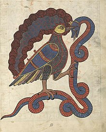 Bird (Christ) victorious over the Serpent (Satan), Saint-Sever Beatus, 11th C. L-oiseau-victorieux-du-serpent medium.jpg